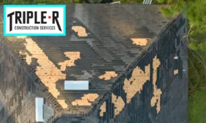 Storm Damage - Image is of a storm damaged roof with lots of shingles ripped off of it